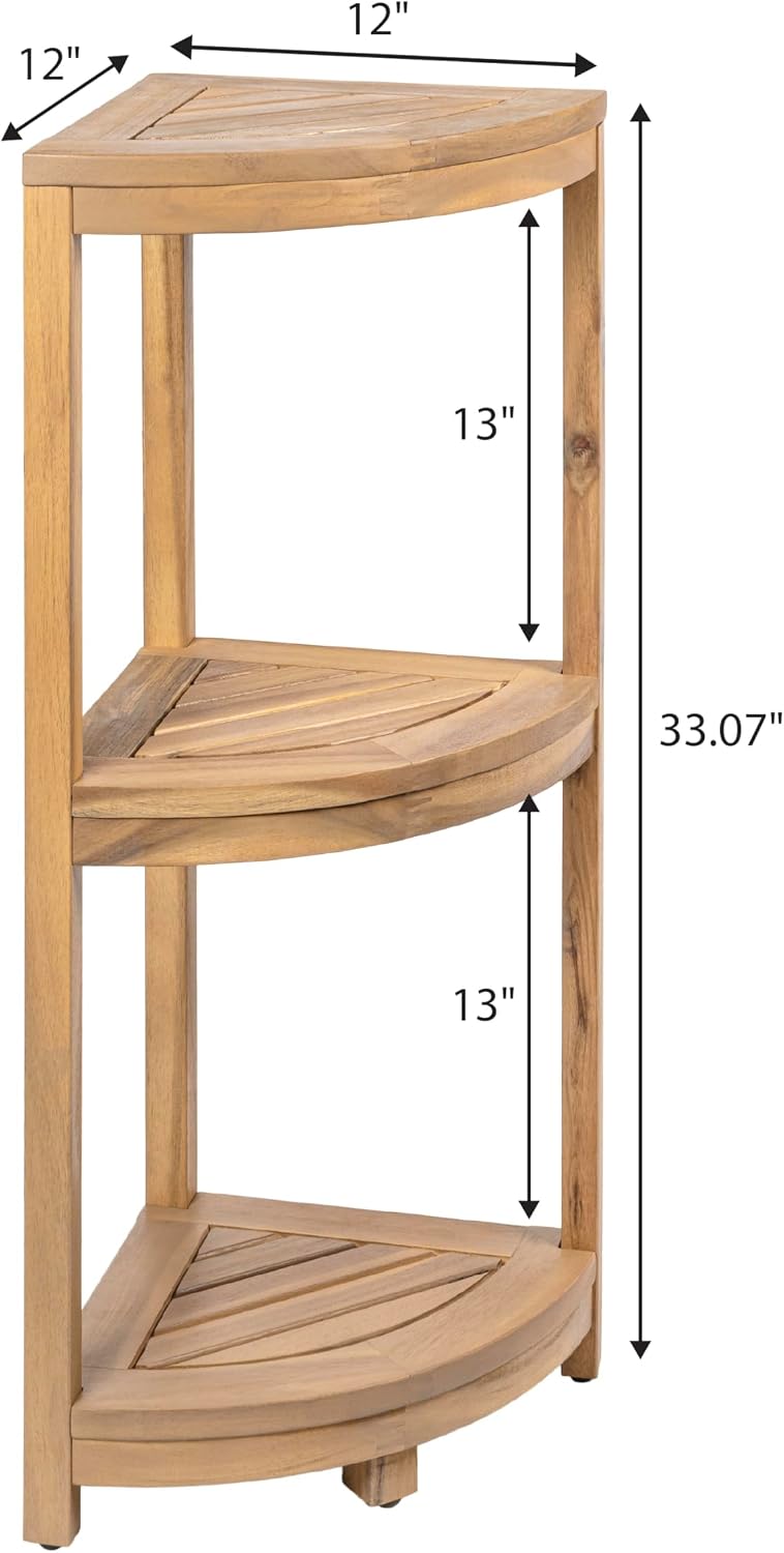 happimess SHF1000T Sela 33" Classic Minimalist 3-Tier Acacia Wood Freestanding Bathroom Corner Shelf, Shower Organizer, Storage Rack for Bath, Office, Kitchen Desktop, Light Teak