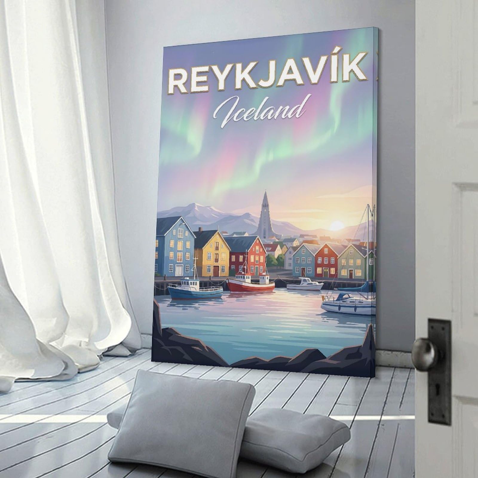 Junmoney Reykjavik Iceland Aurora Borealis Hanging Wall Art 12x18inch(30x45cm), for New Homes, Bedrooms Or Workspaces, Thoughtful Wall Decor for Art Lovers