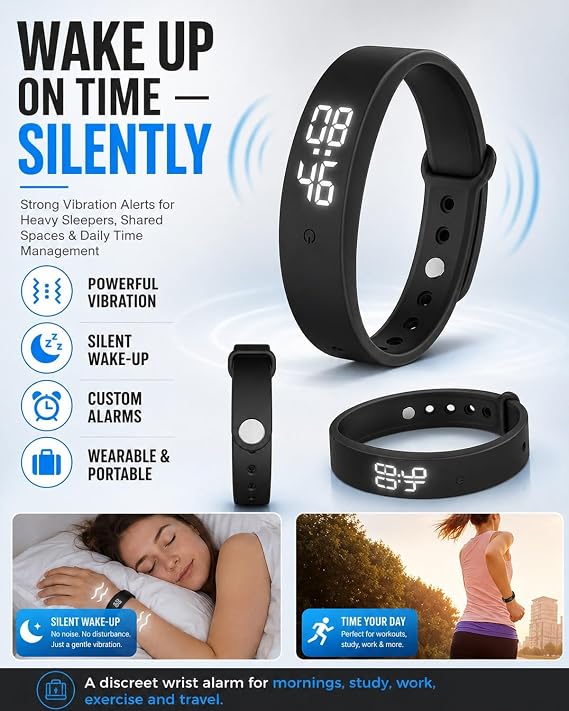 Vibrating Alarm Clock Watch for Heavy Sleepers Silent Wake Up Bracelet with Strong Vibration Wearable Digital Wrist Wristband Alarm Non-Audible Sleep Portable Watch for Men Women(Black)