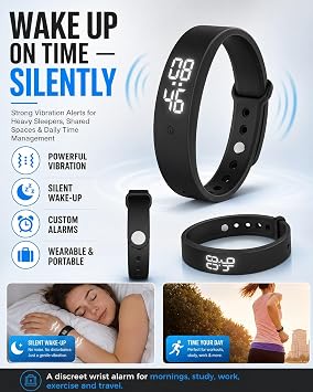 Vibrating Alarm Clock Watch for Heavy Sleepers Silent Wake Up Bracelet with Strong Vibration Wearable Digital Wrist Wristband Alarm Non-Audible Sleep Portable Watch for Men Women(Black)
