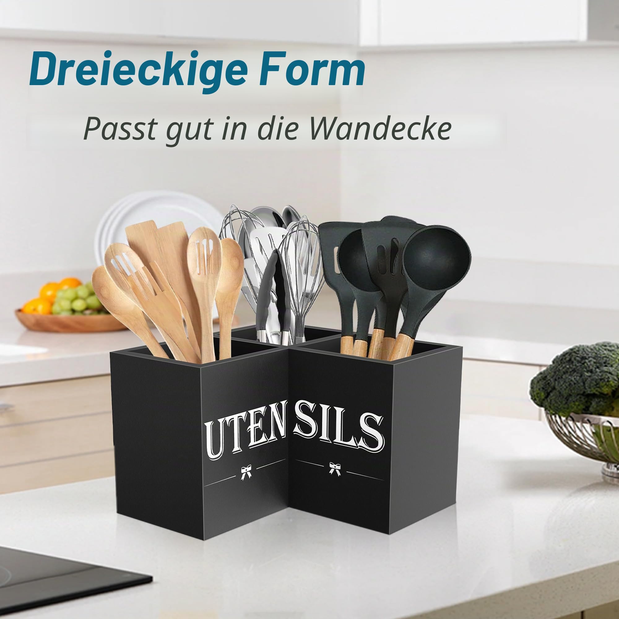 Suli Extra-Großer Küchenutensilienhalter mit 3 Fächern, Eckutensilienhalter für die Arbeitsplatte, Holzutensilienorganisator für die Küchenarbeitsplatte, Bauernhaus-Dekoration – Schwarz