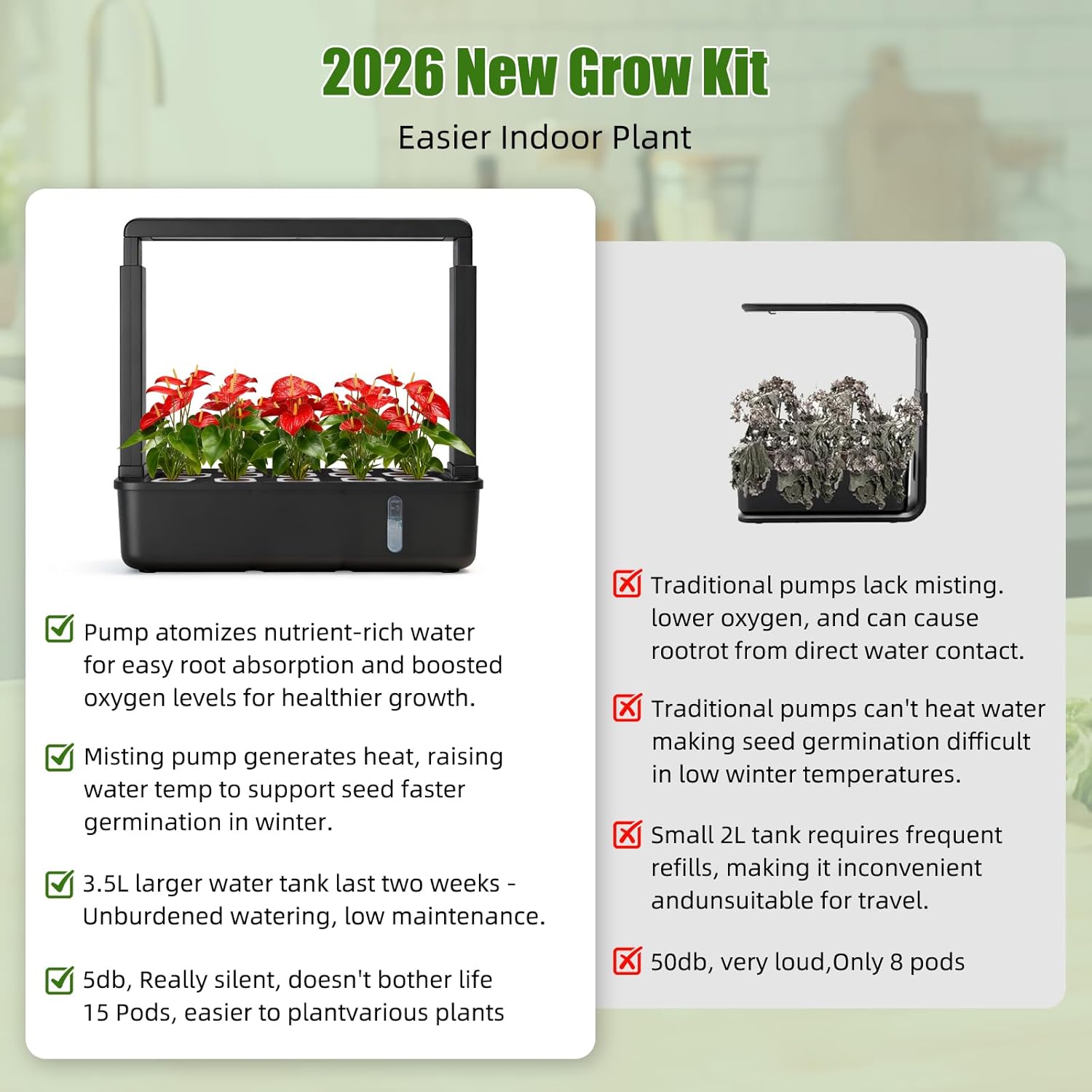 15-Pod Indoor Hydroponic Growing System with LED Grow Light, Smart Garden Kit, Adjustable Height, Auto Timer and Quiet Water Pump for Herbs