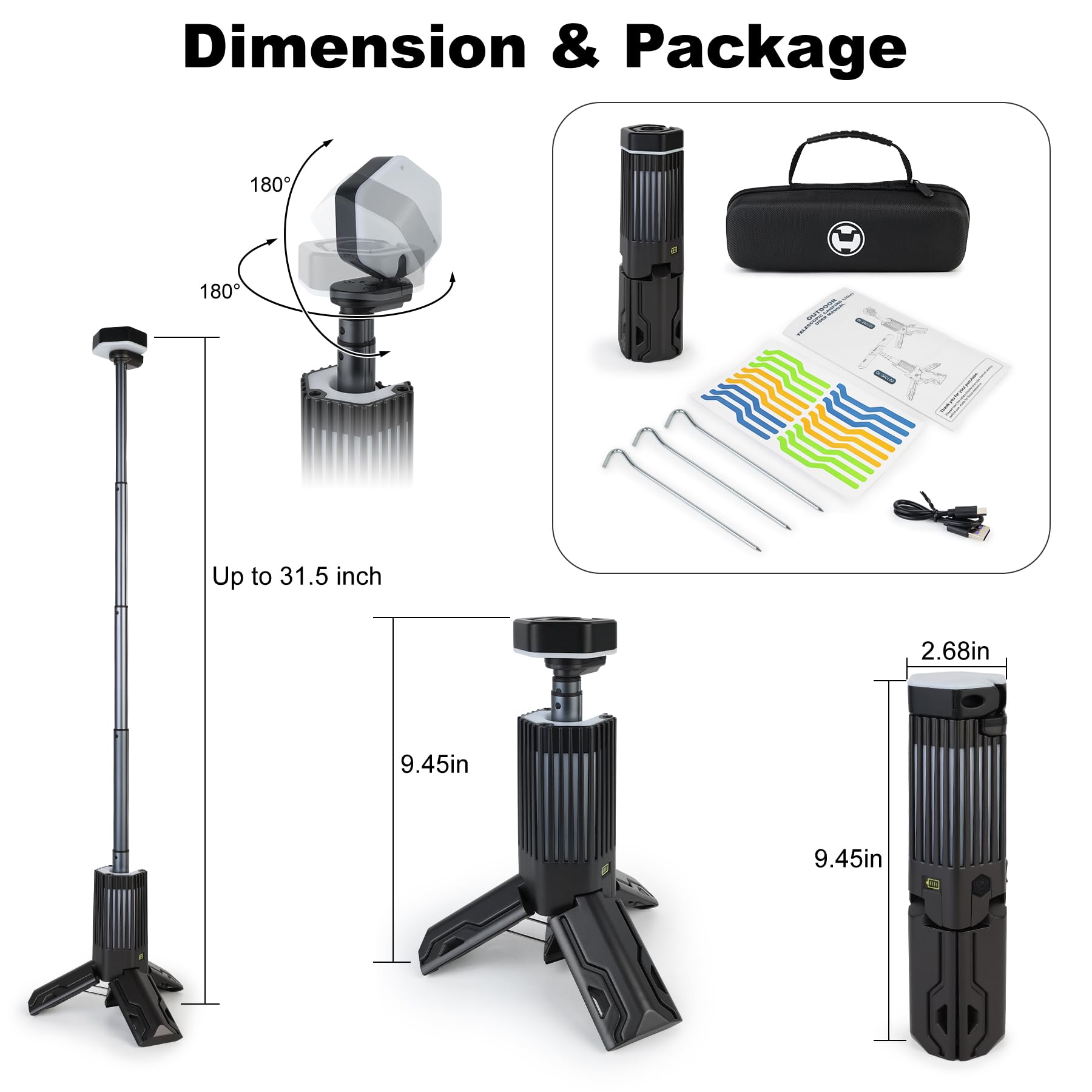 Lampada da campeggio telescopica, lanterna da campeggio ricaricabile con treppiede staccabile, luminosità dimmerabile/temperatura di colore impermeabile IP65, portatile, per campeggio