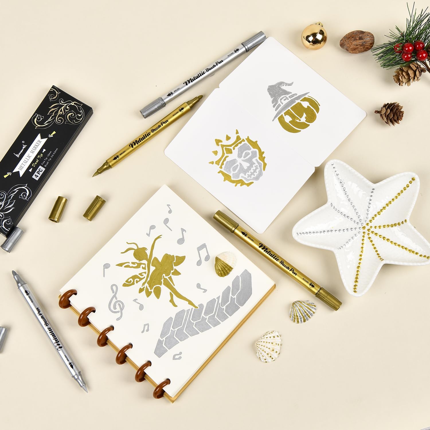 Brusarth Metallic Marker Pens, Silver and Gold Dual Tip Pens, 4 Pack image 5