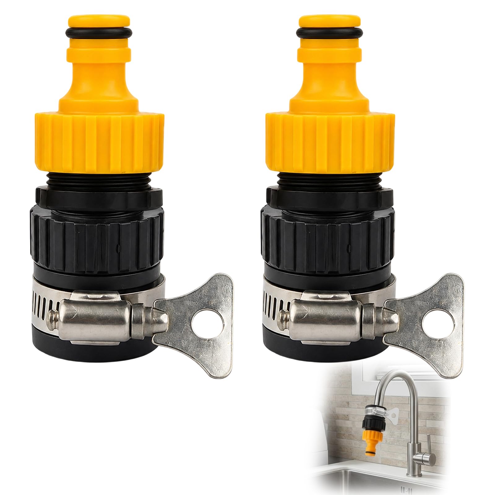 Kitchen Tap Hose Connector with Universal Fit, Two-Piece Set with Yellow Washers and External Thread Adapters, Suitable for Various Tap Sizes and Garden Hose Connections