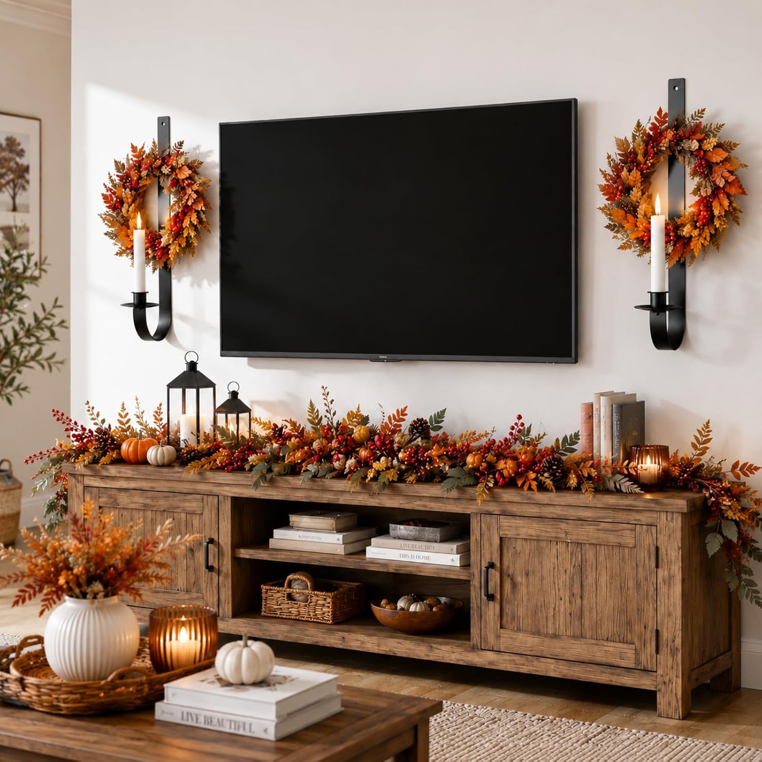 LemonRoad 2 Sets 16.1" Christmas Metal Wall Wreath Candle Holder, Black