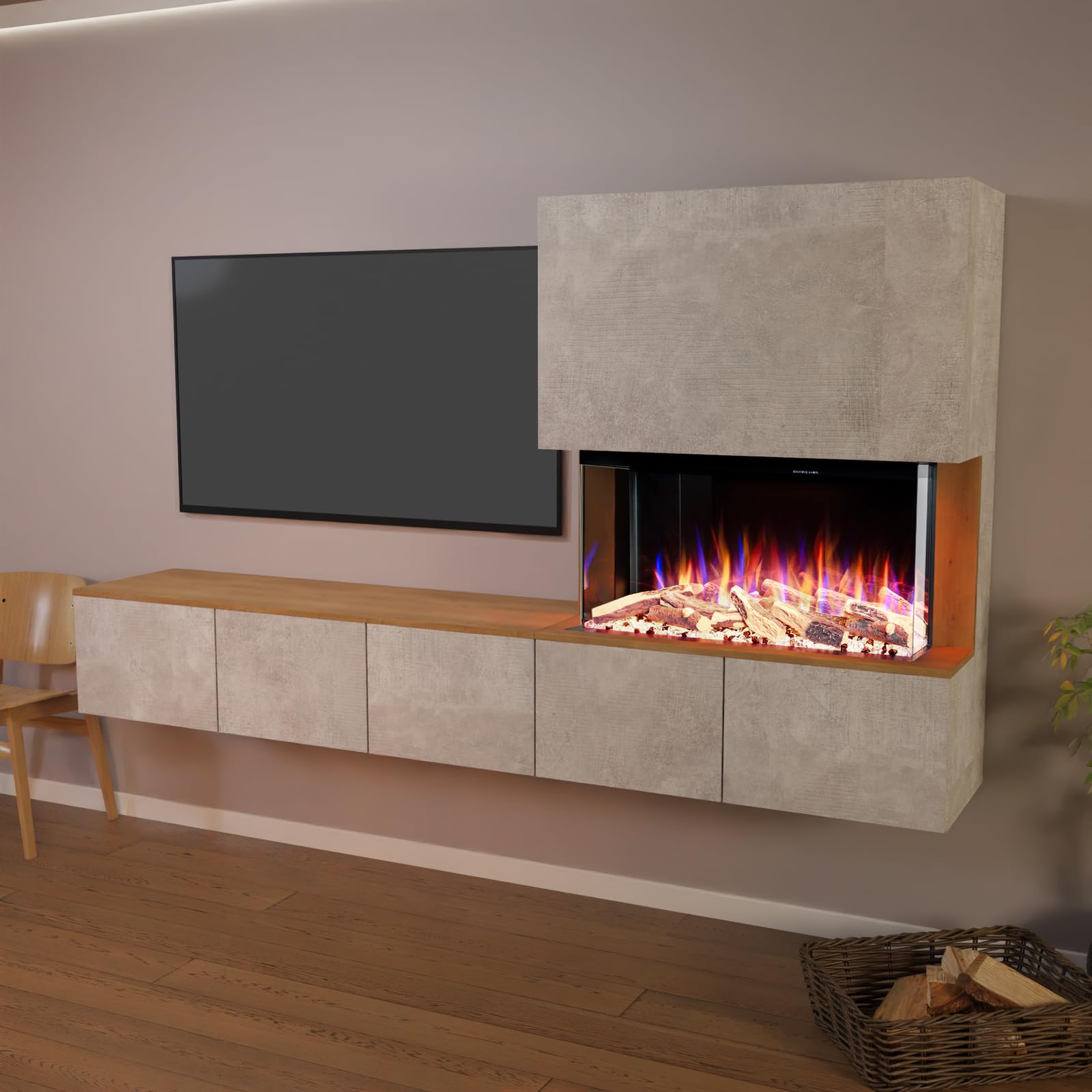 GLOW FIRE Kominek ścienny do telewizji CW5 otwarty lewy z realistycznym ogniem LED 3D E-Motion – stojący kominek elektryczny z ogrzewaniem, kominkiem i timerem, maks. 1500 W, 250 x 139,5 x 42,4 cm