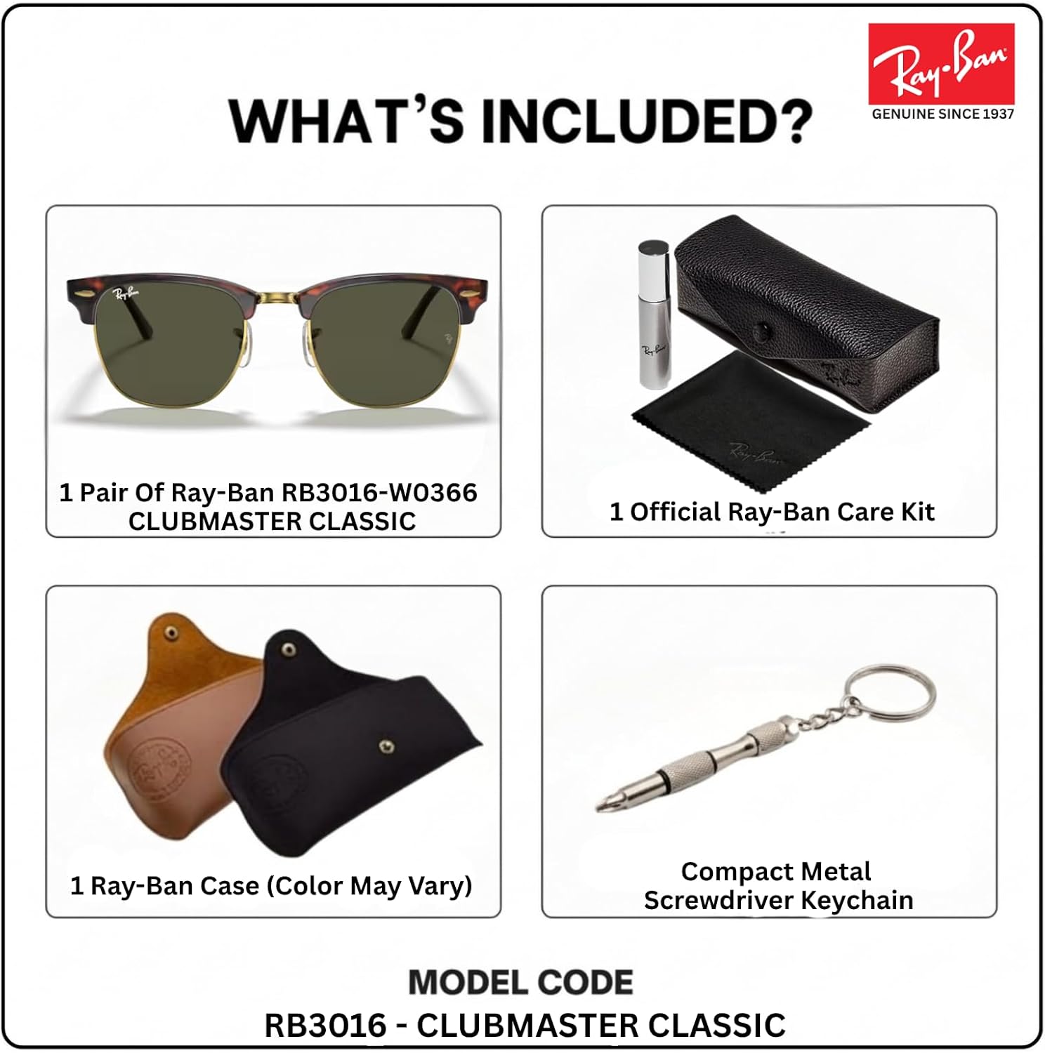 Ray-Ban RB3016 CLUBMASTER CLASSIC Square Shaped Sunglasses for Men & Women with Official RAYBAN Eyewear Kit