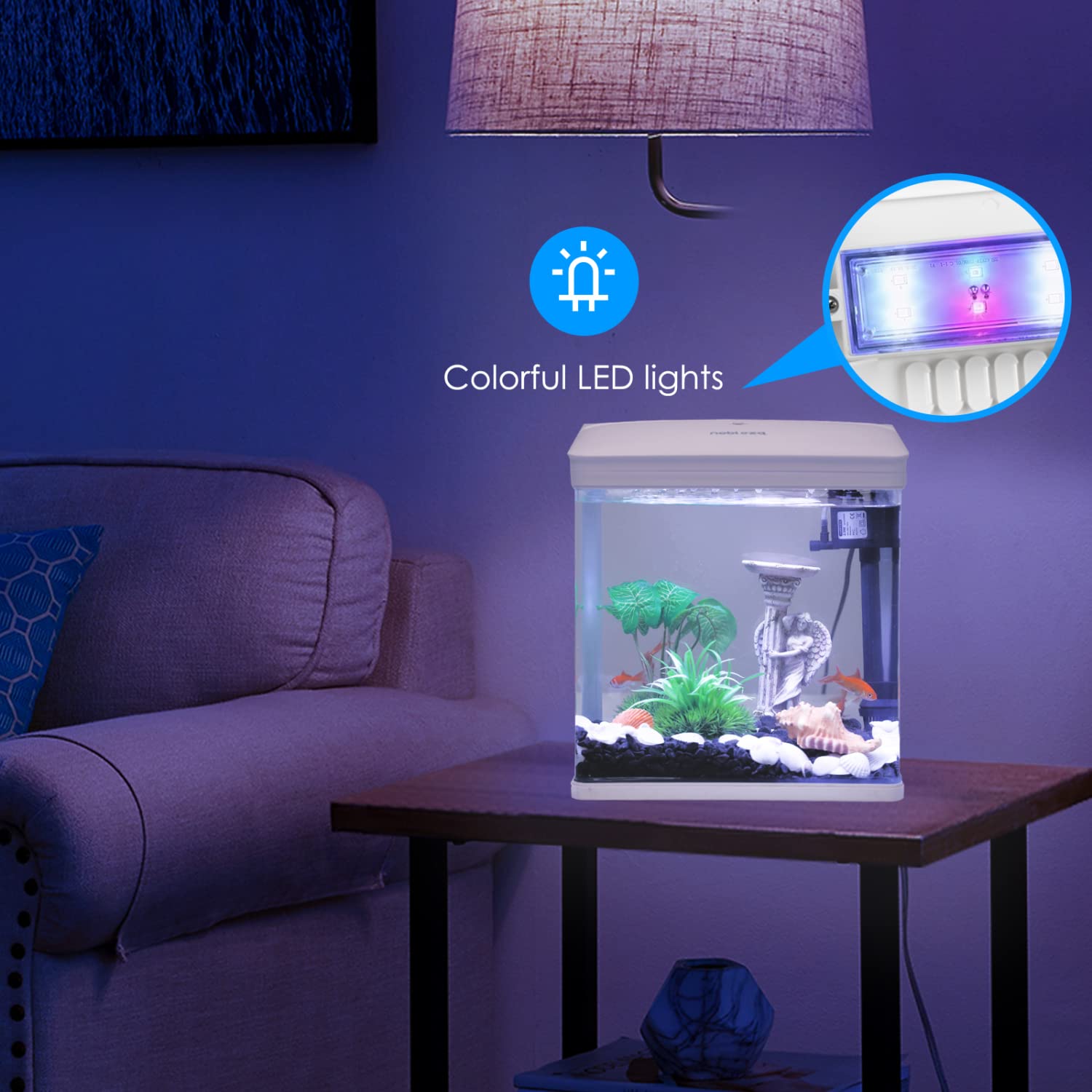 Nobleza - 7L Mini Aquarium Komplettset, Nano Aquarium Stabiles Einsteigerbecken mit LED-Beleuchtung und Eingebautem Filtersystem, Weiß