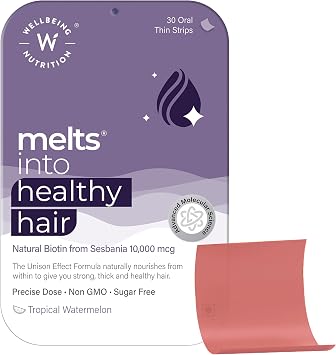 Wellbeing Nutrition Melts Healthy Hair 30 Oral Thin Strips with Plant Based Biotin, Zinc, Bamboo Extract, Folic acid for Hair Nourishment, Strength and Thickness