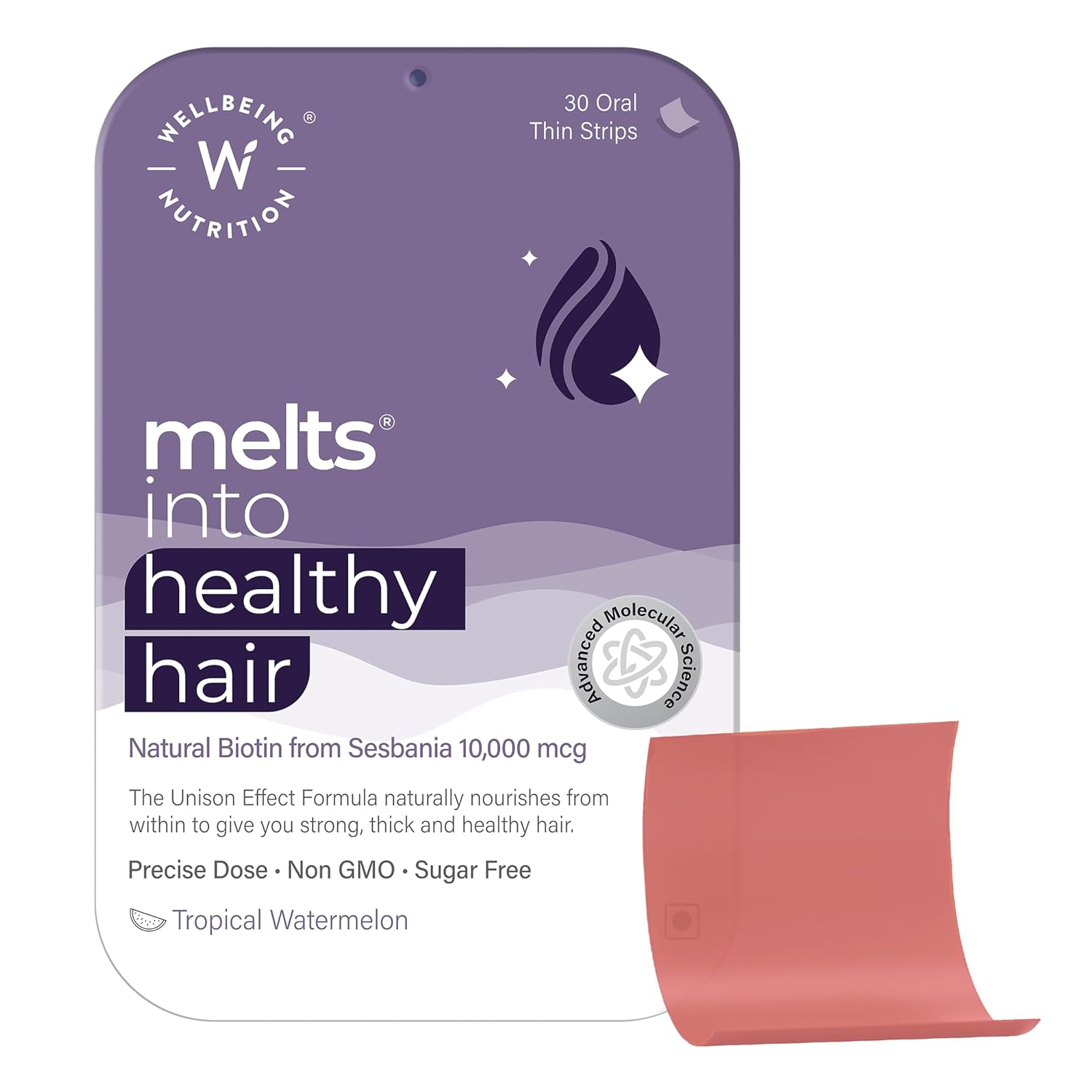 Wellbeing Nutrition Melts Healthy Hair | Pure Biotin 10,000mcg, Keratin, Zinc, Folic Acid for Stronger, Shinier Hair, Strength & Thickness, 30 Oral Strips