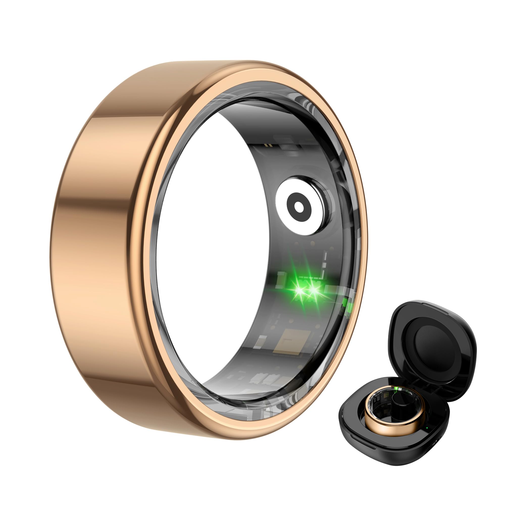 Image showing the COLMI R02 Smart Ring and its charging compartment, with an illustration of charging status indicators.