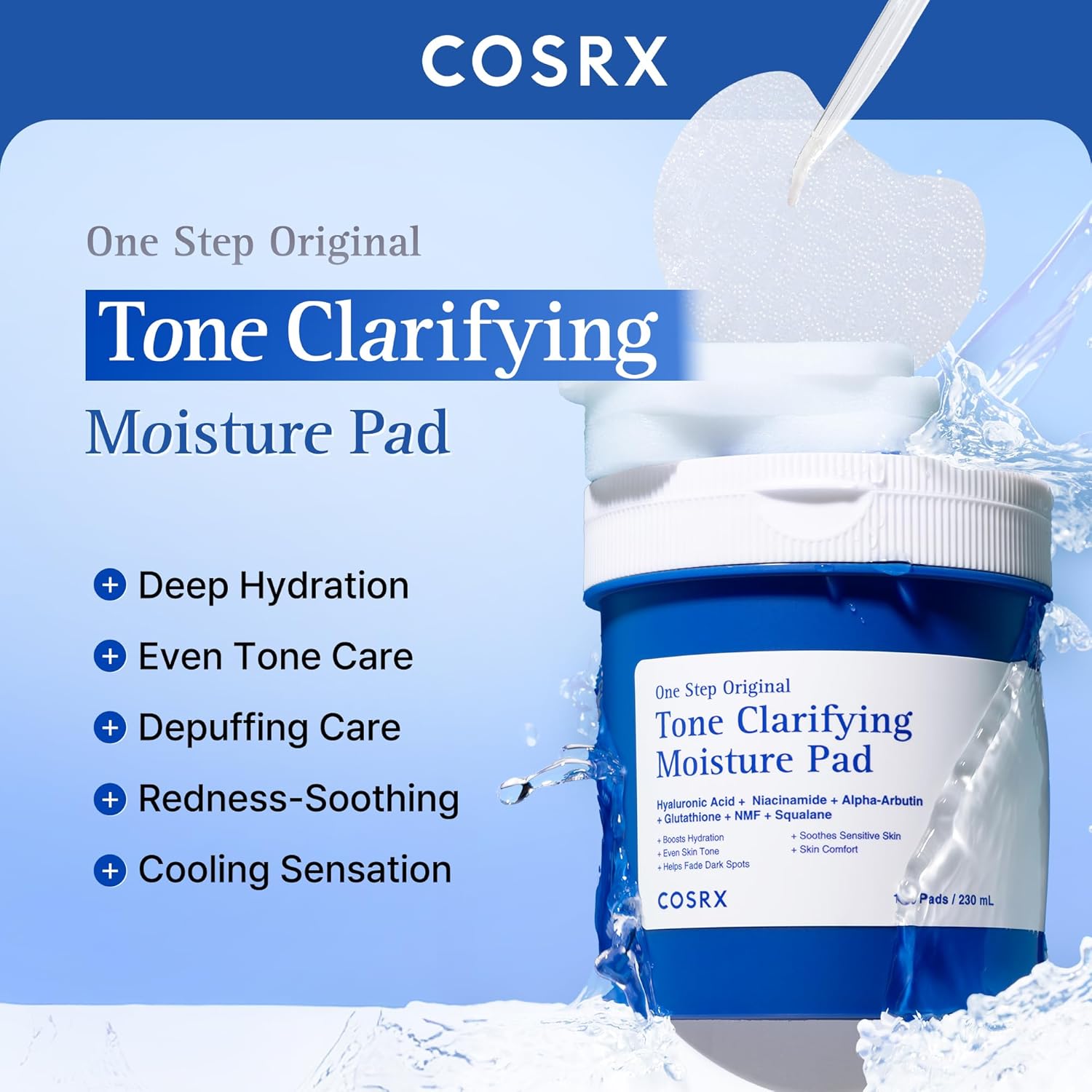 COSRX OneStep Original Tone Clarifying Moisture Pad, 100 Pads, Daily Toning Pad for Skin Texture & Hydration & Evening Skin Tone with Arbutin, Glutathione & 12 Hyaluronic Acids, Korean Skin Care
