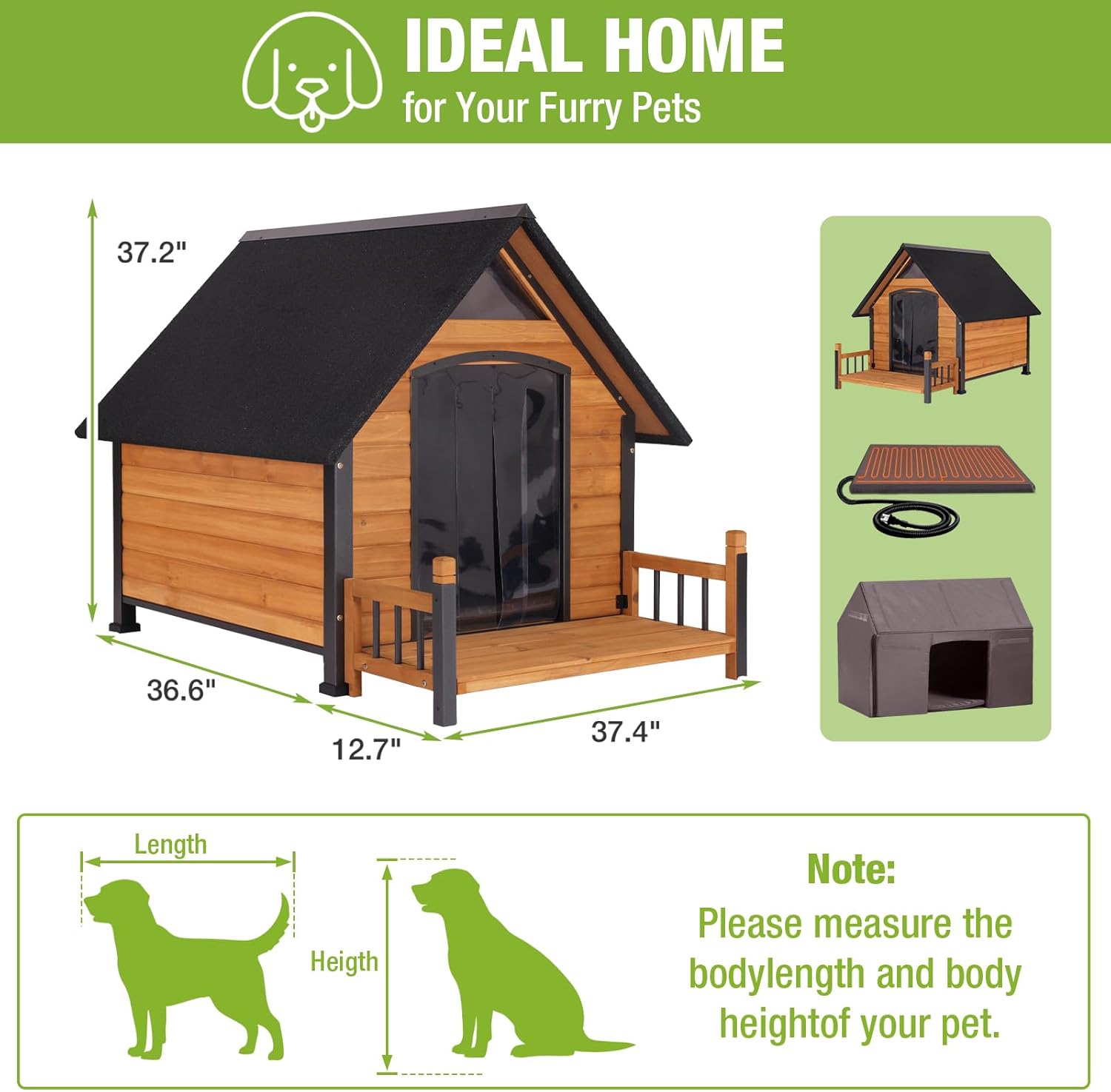 GUTINNEEN Large Heated Dog House Outdoor Insulated Dog Kennel Weatherproof Dog Shelter with Safe Heating Pad, Chew-Proof Metal Frame, Thermal Liner for Large Dog Breeds, 37.4" L x 50.9" D x 37.2" H