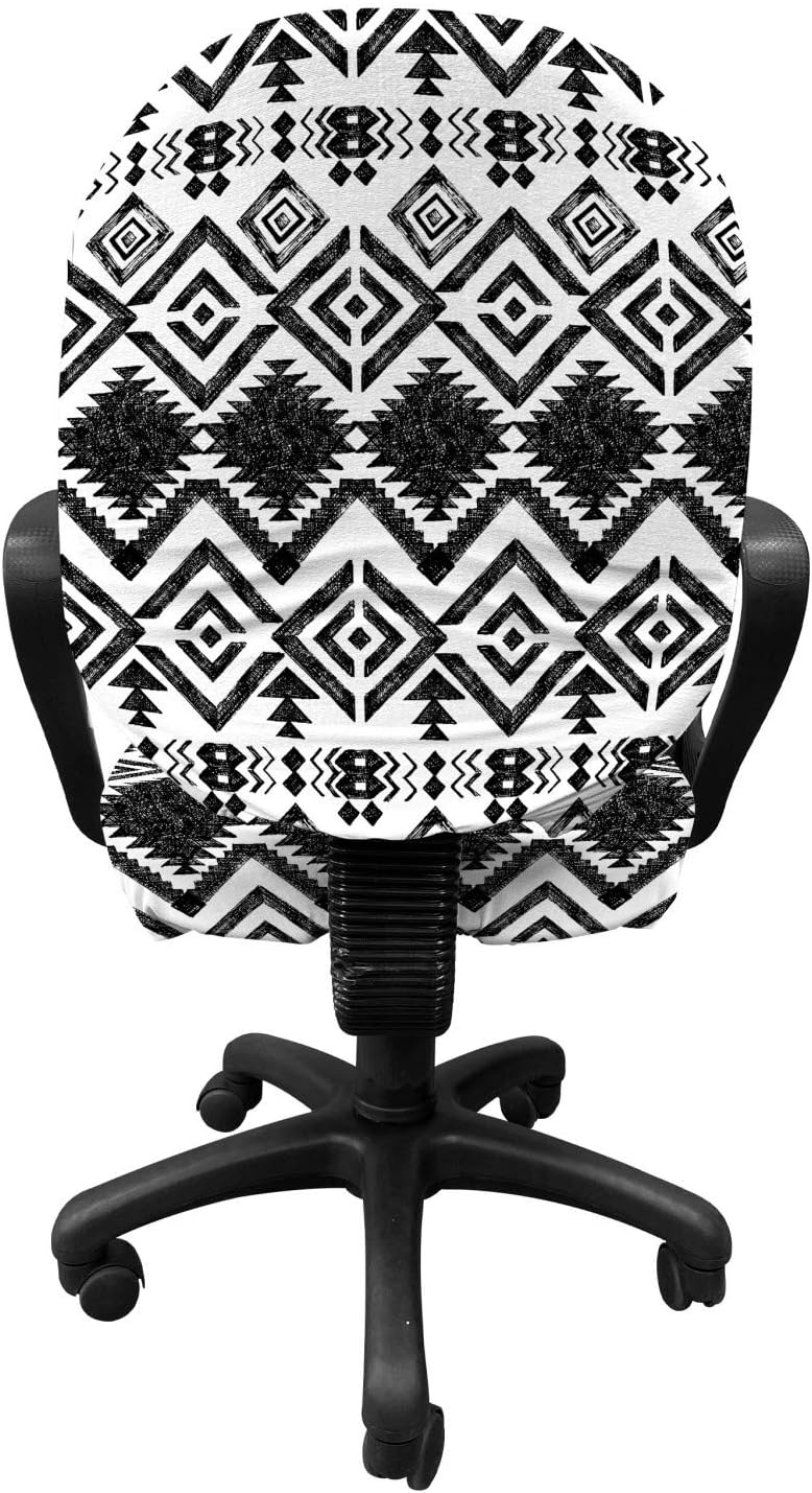 Ambesonne Tribal Office Chair Slipcover, Black and White Hand-Drawn Tribal Sketched Mexican Aztec and Zigzags, Protective Stretch Decorative Fabric Cover, Black and White