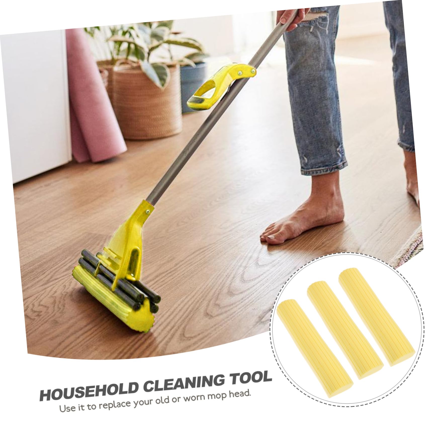 Healeved Recharge pour Balai Éponge 3 Pièces en Éponge Jaune et Plastique, Remplacement pour Tête de Balai, Nettoyage Quotidien des Sols en Bois