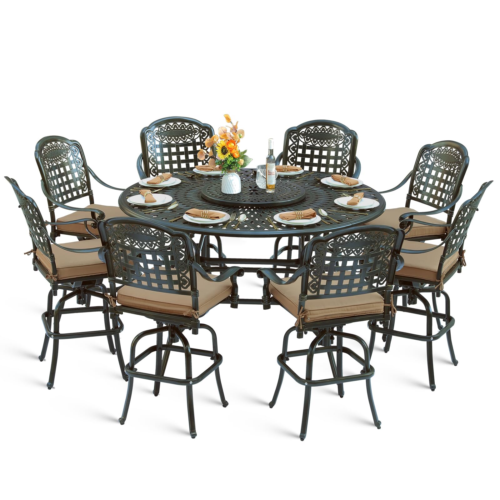 MEETWARM 10-Piece Outdoor Bar Set, All Weather Cast Aluminum Patio Bar Furniture with 8 Cushioned Swivel Bar Stools, Large 61" Round Patio Bar Height Table with Detachable Lazy Susan, Umbrella Hole