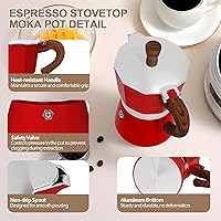 Vista 4 de Cafetera de aluminio con 3 tazas de 5.1 fl oz Moka Pot Express, estufa de café expreso, colorida cafetera italiana, estilo clásico, Greca Café, Rojo