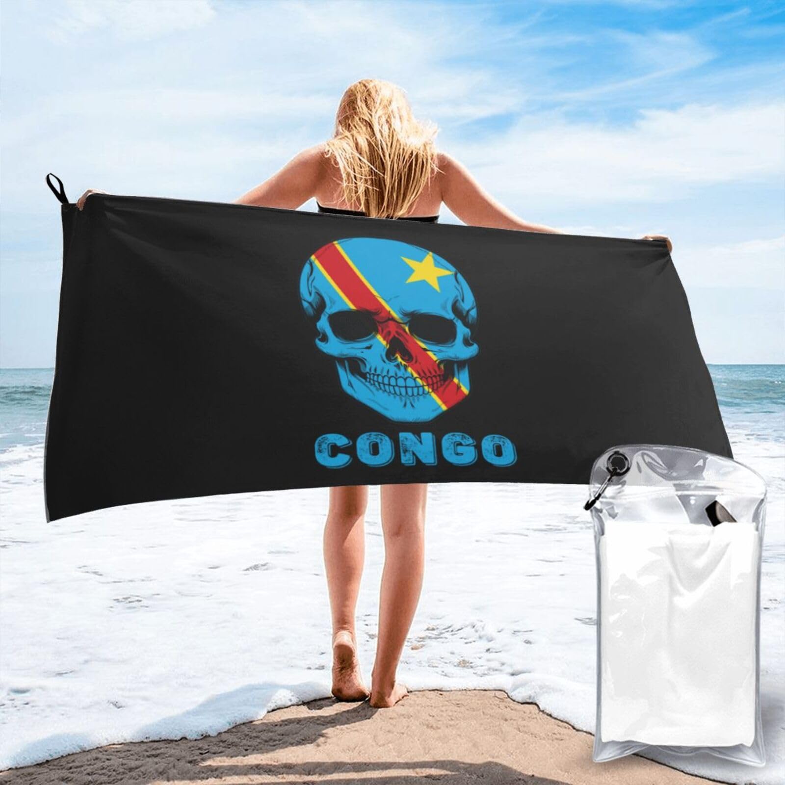 HACXZ Skull Congo Flag Lightweight Absorbent Beach Towel Microfiber Beach Towel 31.5"X63"
