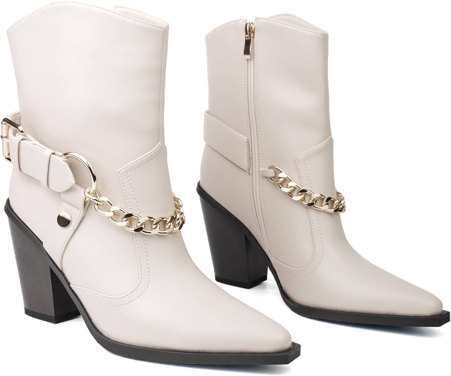 Womens Western Ankle Boots Pointed Toe Block Heel Cowboy Booties with Fashion Chain & Strap, Comfortable Chunky Mid Heel Short Boots for Fall Winter