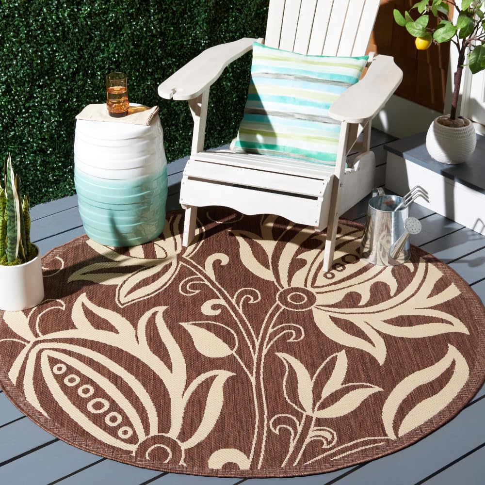 SAFAVIEH Washable Rug Outdoor Courtyard Collection - 5'3" Round, Chocolate & Natural, Non-Shedding & Easy Cleaning, Ideal for Patio, Backyard, Mudroom