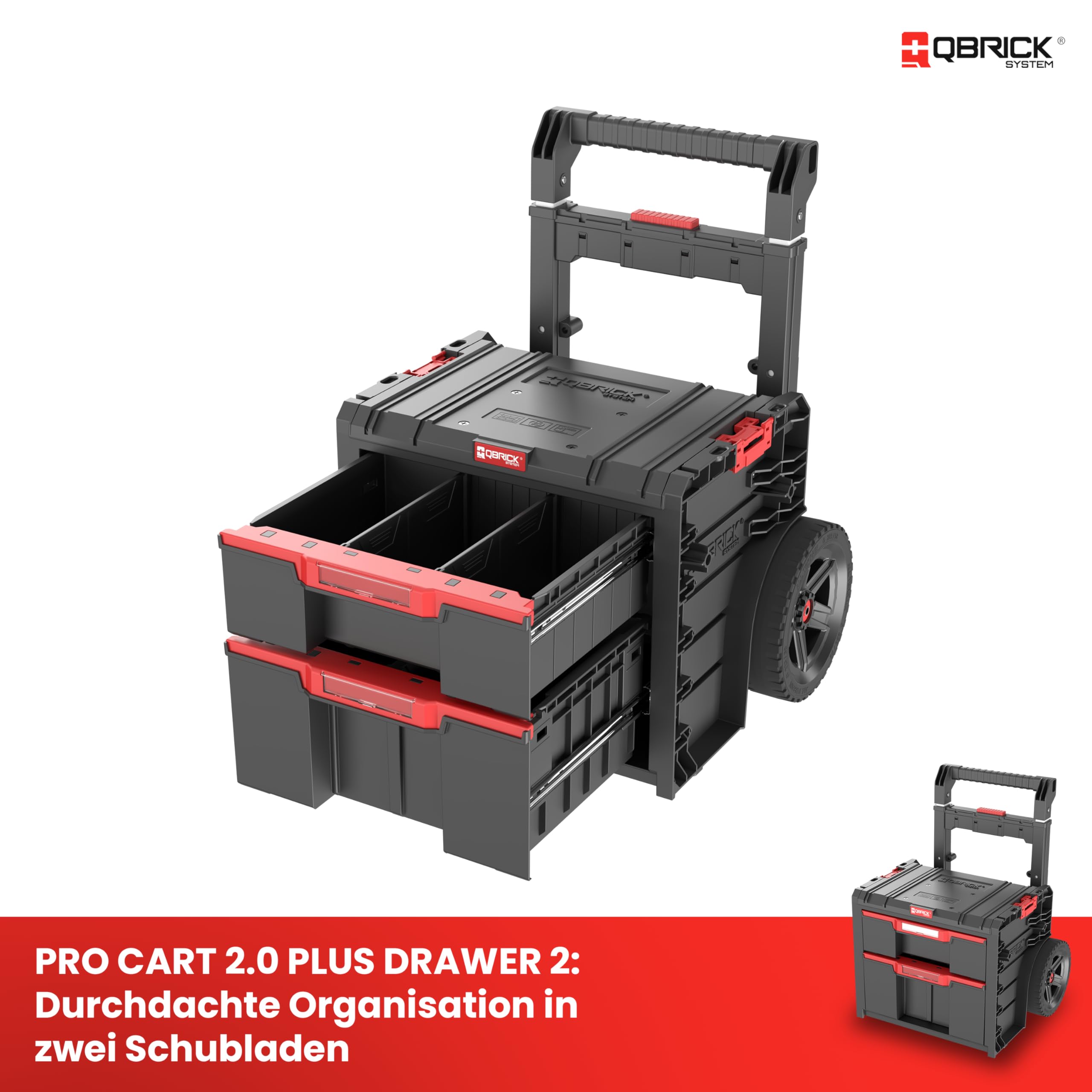 Qbrick System Werkzeugwagen Pro Cart 2.0 Plus Drawer 2 Black Werkzeugtrolley Werkzeugkoffer mit 2 Schubladen Robust Werkzeugkasten Modular