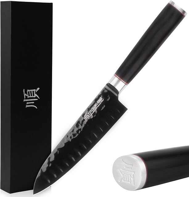YOUSUNLONG Santoku Knife 7'' (180mm) - Japanese AUS8 Steel Black Titanizing Blade - Natural Leadwood Handle