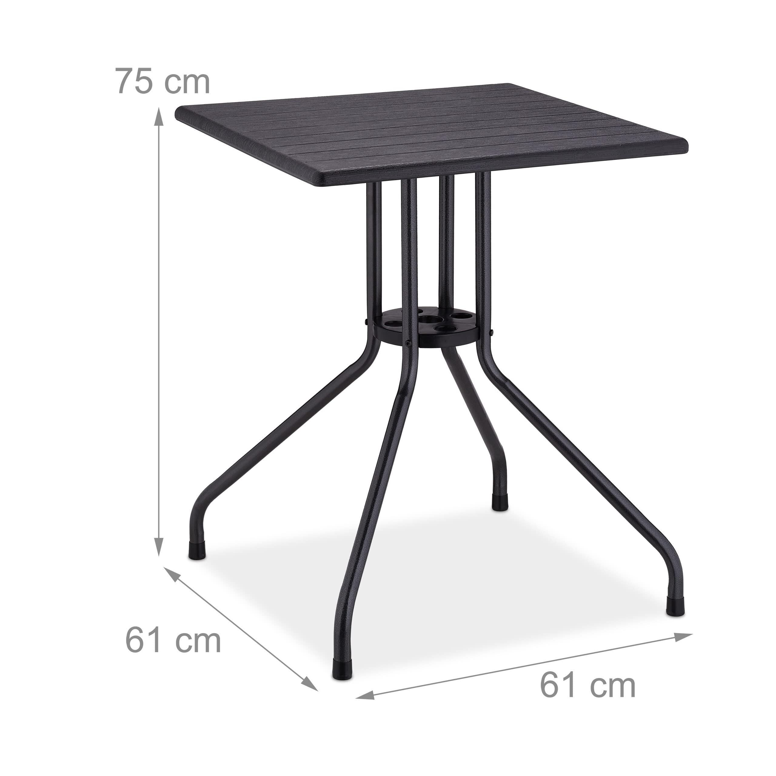 Relaxdays Table de Jardin carrée, Aspect Bois, Plastique et métal, H x L x P : 75 x 61 x 61 cm, Balcon & terrasse, Noire