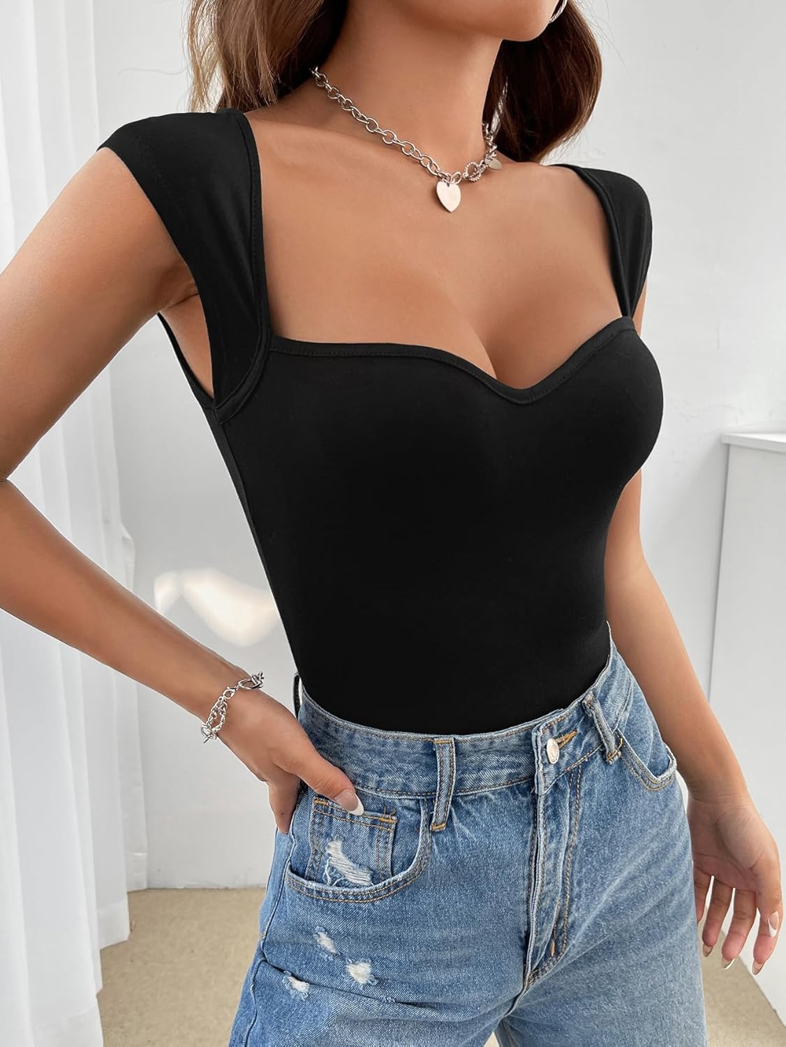 SweatyRocks Women's Sweetheart Neck Fitted Bodysuit Cap Sleeve Casual Summer Leotards - Image 5