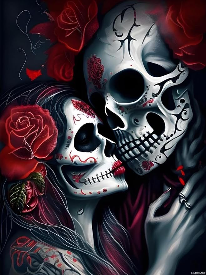 HMDIIMGE Rose Sugar Skull Couple Diamond Painting Kits, Day of The Dead Diamond Art for Adults, for Home Wall Decor Bedroom Decor or Gifts 12x16 inch