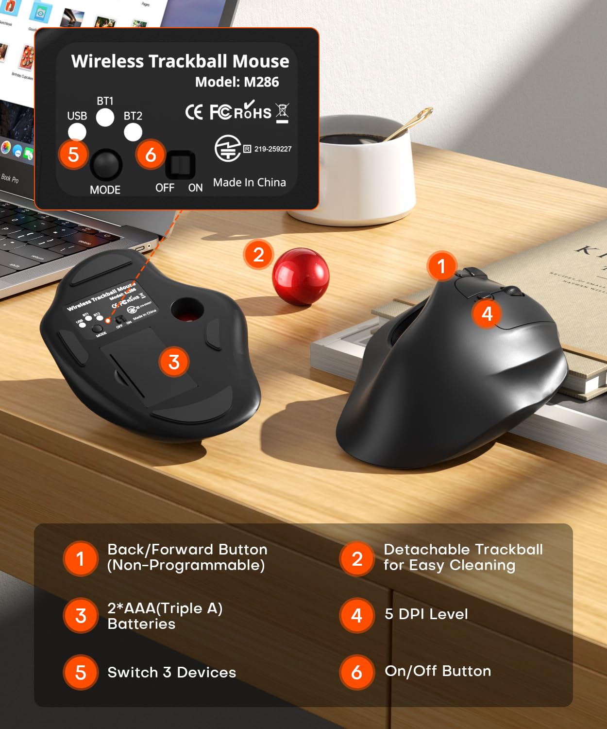 Omikamo Mouse ergonomico senza fili trackball, Bluetooth e 2,4 G, rosso