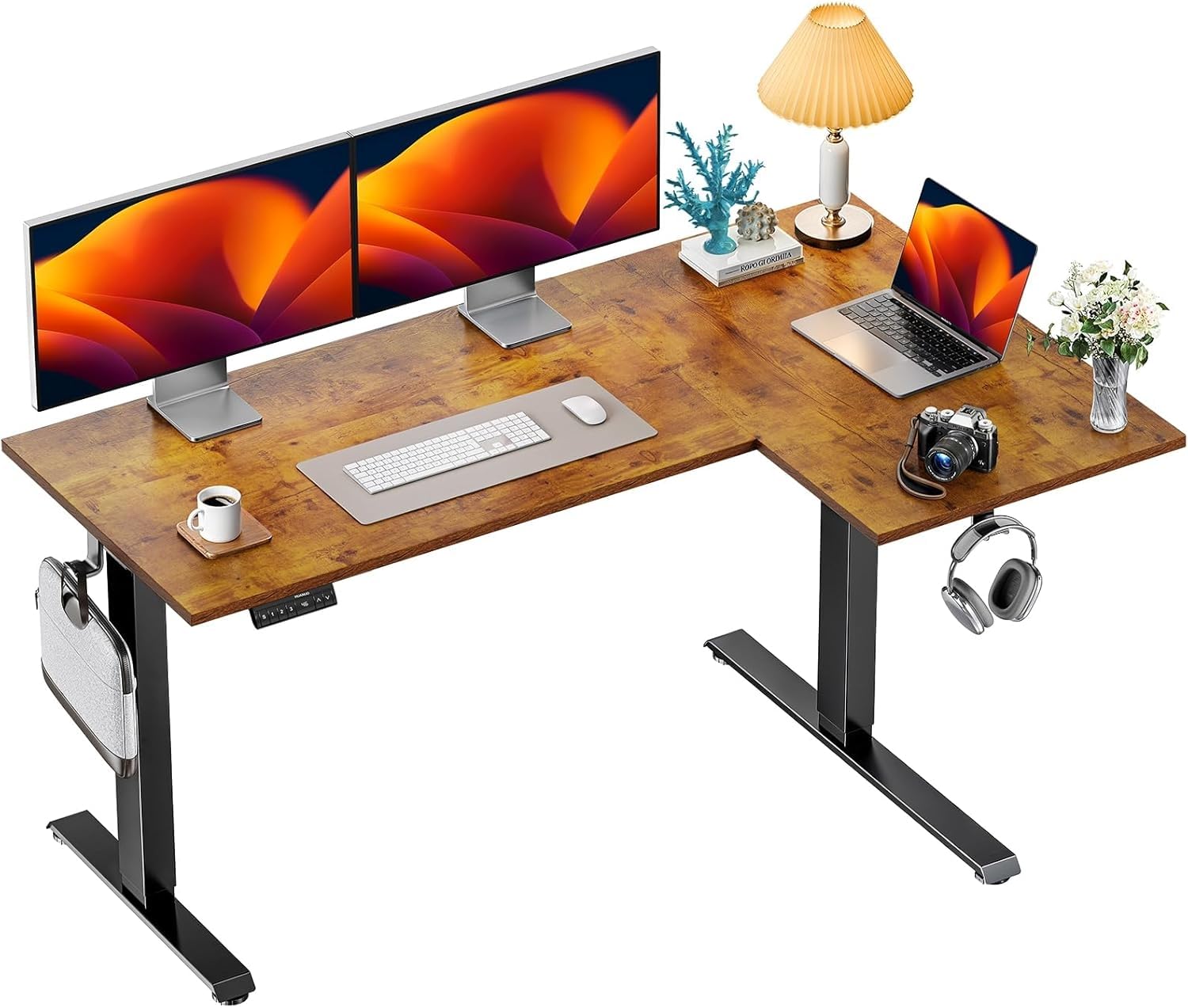 HUANUO 63x40 inch Dual Motor L Shaped Electric Standing Desk with 3 Preset Heights, Electric Height Adjustable Computer Table, 2 Hooks & Cable Tray,