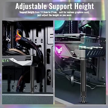 Tall GPU Support Bracket - Heavy Duty Adjustable GPU Anti Sag Holder & Support Stand for Graphics Card, 4.53-8.27 Height Durable Black Metal PC Build Stabilizer, Large/Long GPU Sag Prevention