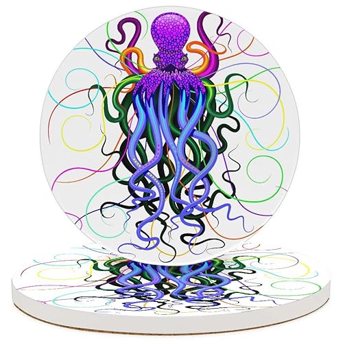 Colorful Octopus Coaster Set, 2 Round Ceramic Drink Coasters
