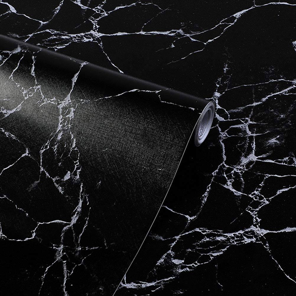 HIWOO Marble Paper,16.9x78.7 inch Granite Black Self Adhesive Decorative Vinyl Film, Oil-Proof Paper Waterproof Wallpaper for Countertop Furniture Line Drawer Shelf Emboss Vinyl Paper Effect