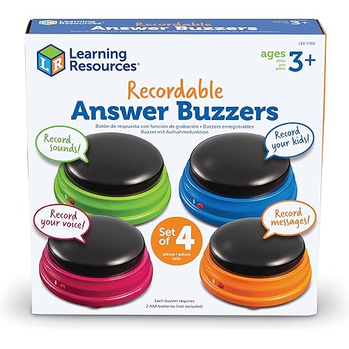 Learning Resources Recordable Answer Buzzers - Set of 4, Ages 3+ | Pre-K Personalized Sound Buzzers, Recordable Buttons, Game Show Buzzers, Perfect for Family Game and Trivia Nights