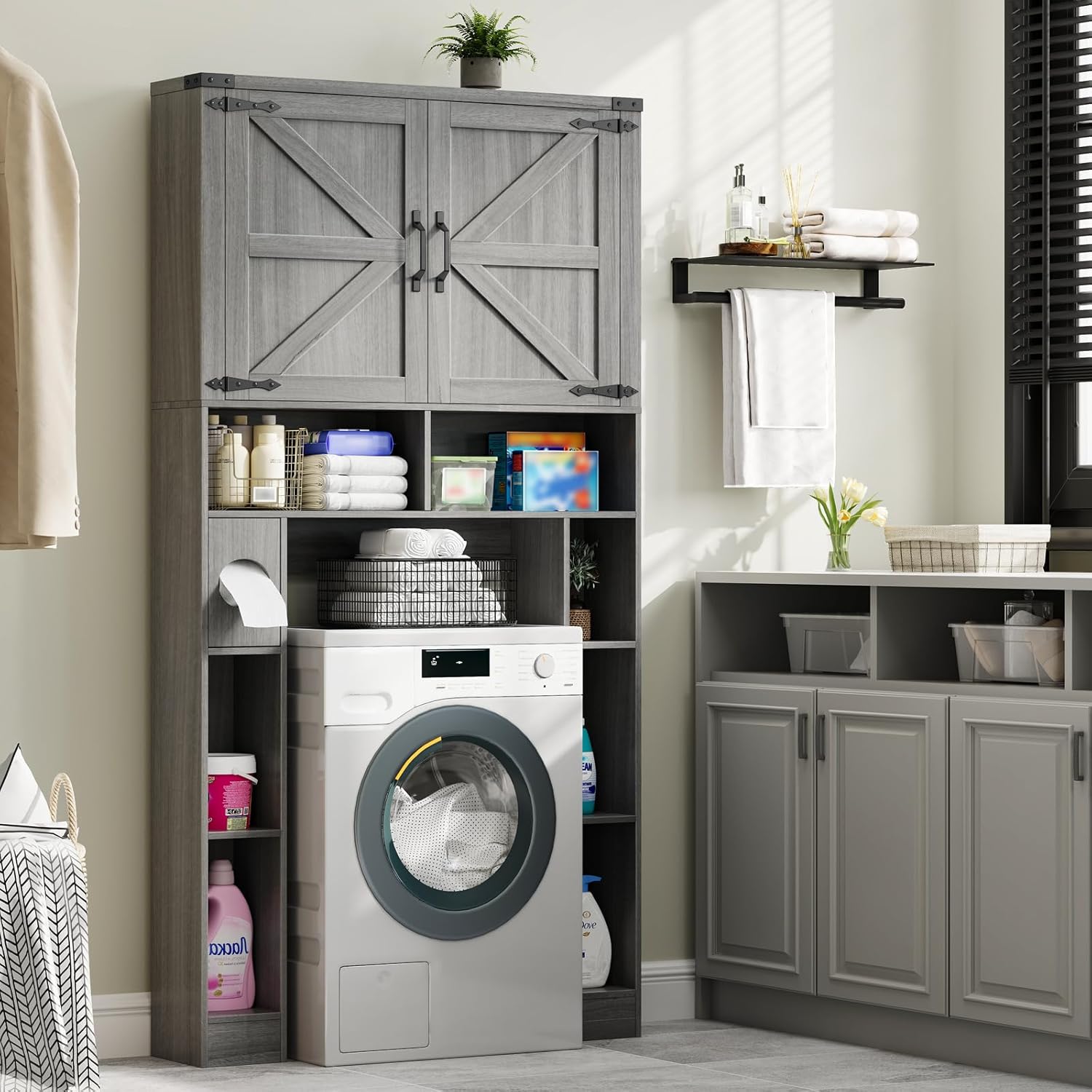 Vabches Over The Toilet Storage Cabinet, Farmhouse Storage Cabinet Over Toilet with 2 Barn Doors ，Toilet Paper Holder Stand，Home Space-Saving Toilet Rack, for Laundry, Restroom, Bathroom.Grey.