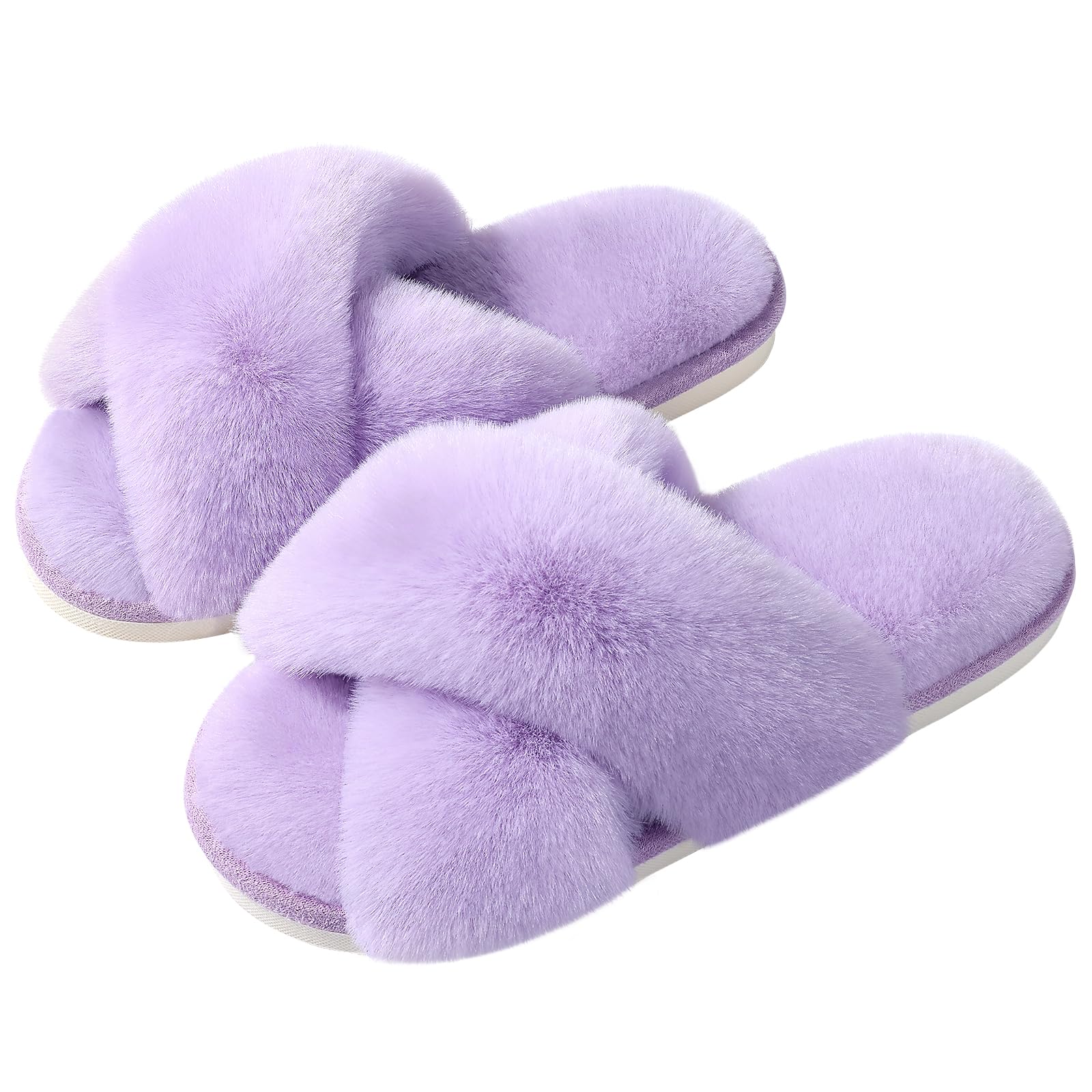 Evshine Women's Fuzzy Slippers Cross Band Memory Foam House Slippers Open Toe: 5-6.5 Lavender