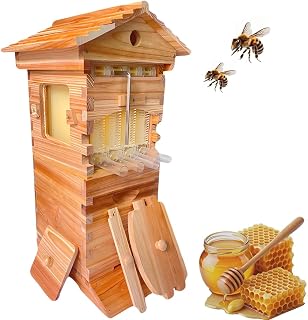 Self-Flowing Beehive for Balcony, Natural Cedar Wood, Includes 4 Self-Flowing Honeycomb Frames & 6 Brood Boxes, Harvest Honey by Turning Key 90°, No Hive Opening, for Backyard Hobbyists