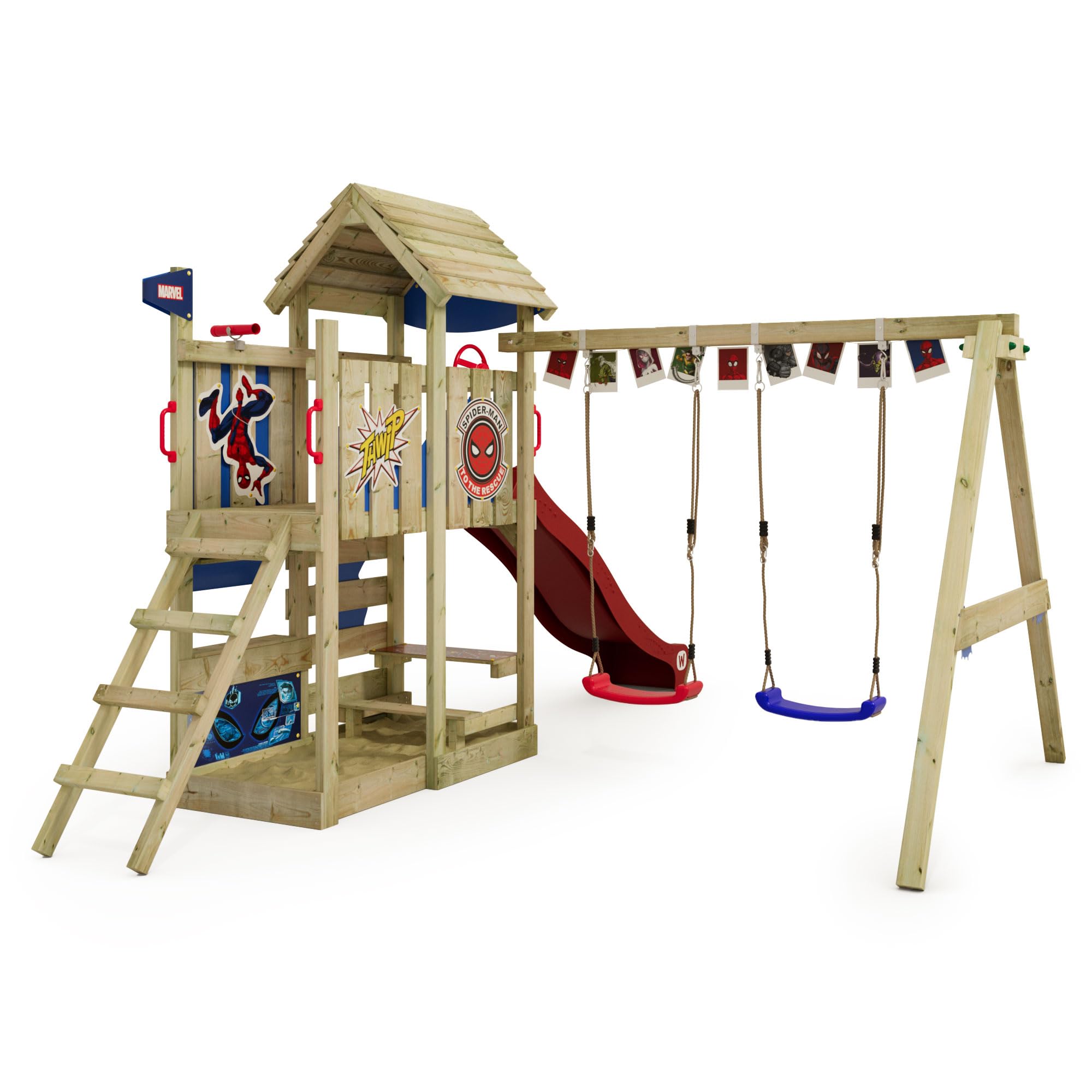 Marvel's Spider-Man Adventure Spielturm von Wickey - Klettergerüst, Kletterturm, Gartenspielgerät für Kinder - Outdoor Garten Spielplatz aus Holz mit Sandkasten