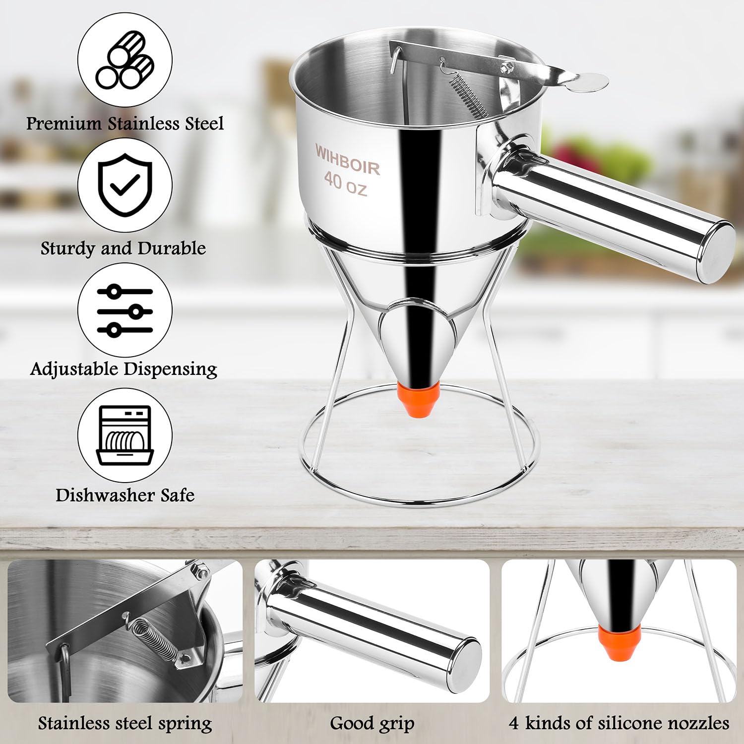 40oz Stainless Steel Pancake Batter Dispenser Multi-Nozzle, Funnel Tool