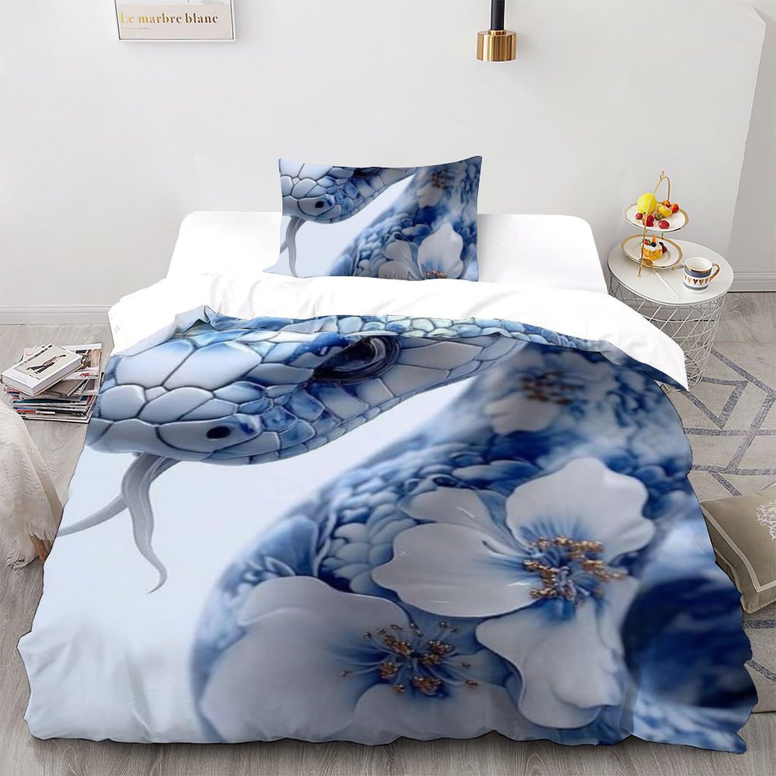Lit enfant serpent bleu et blanc avec fermeture éclair pour une couette qui reste en place