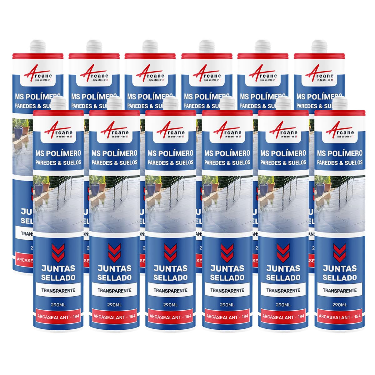 Adhesivo MS Polímero, Masilla Impermeable, Vidrio 290 ml x 12 Transparente | Pega e Impermeabiliza, Adhiere Sobre Vidrio, Aluminio, Hormigón, Piedra, Incluso Bajo el Agua - Arcane Industries