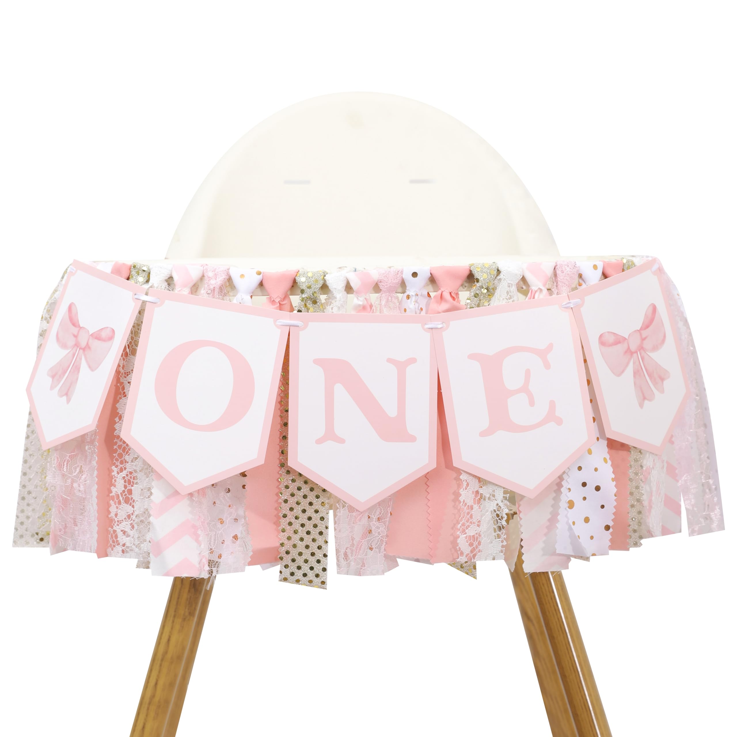 Rosa Schleifen Hochstuhl-Banner Für 1. Geburtstag – 198x20 Cm, Rosa-weiß Kariert, Mit Quasten, Für Mädchen-Partys