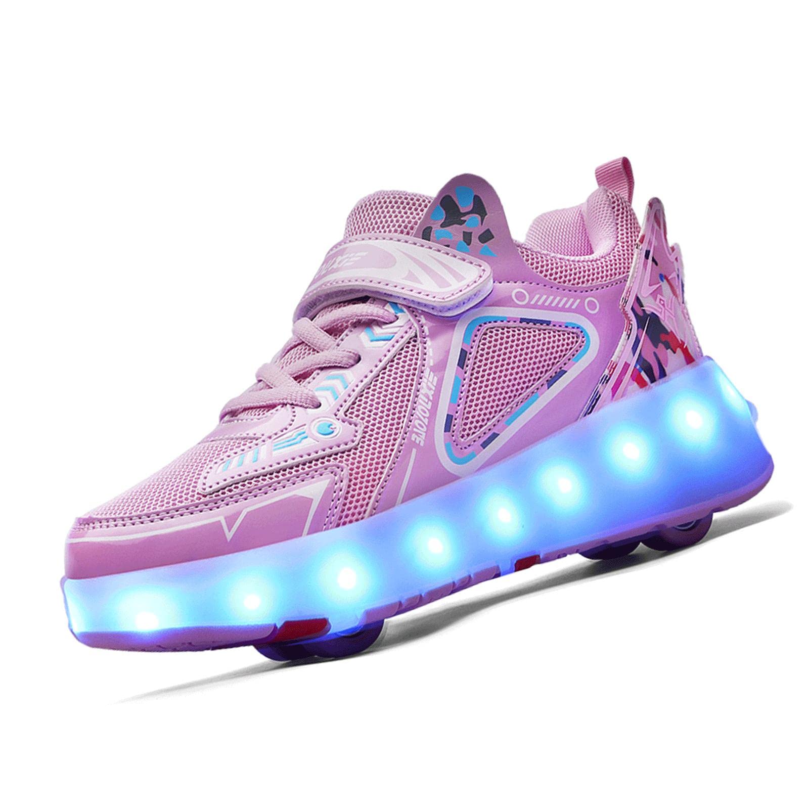 TECDOTO Zapatillas con Ruedas, USB Recargable Zapatos de Patines para Niños Niñas Niños Regalo Luz LED 4 Ruedas Zapatos Patines,Pink-38EU