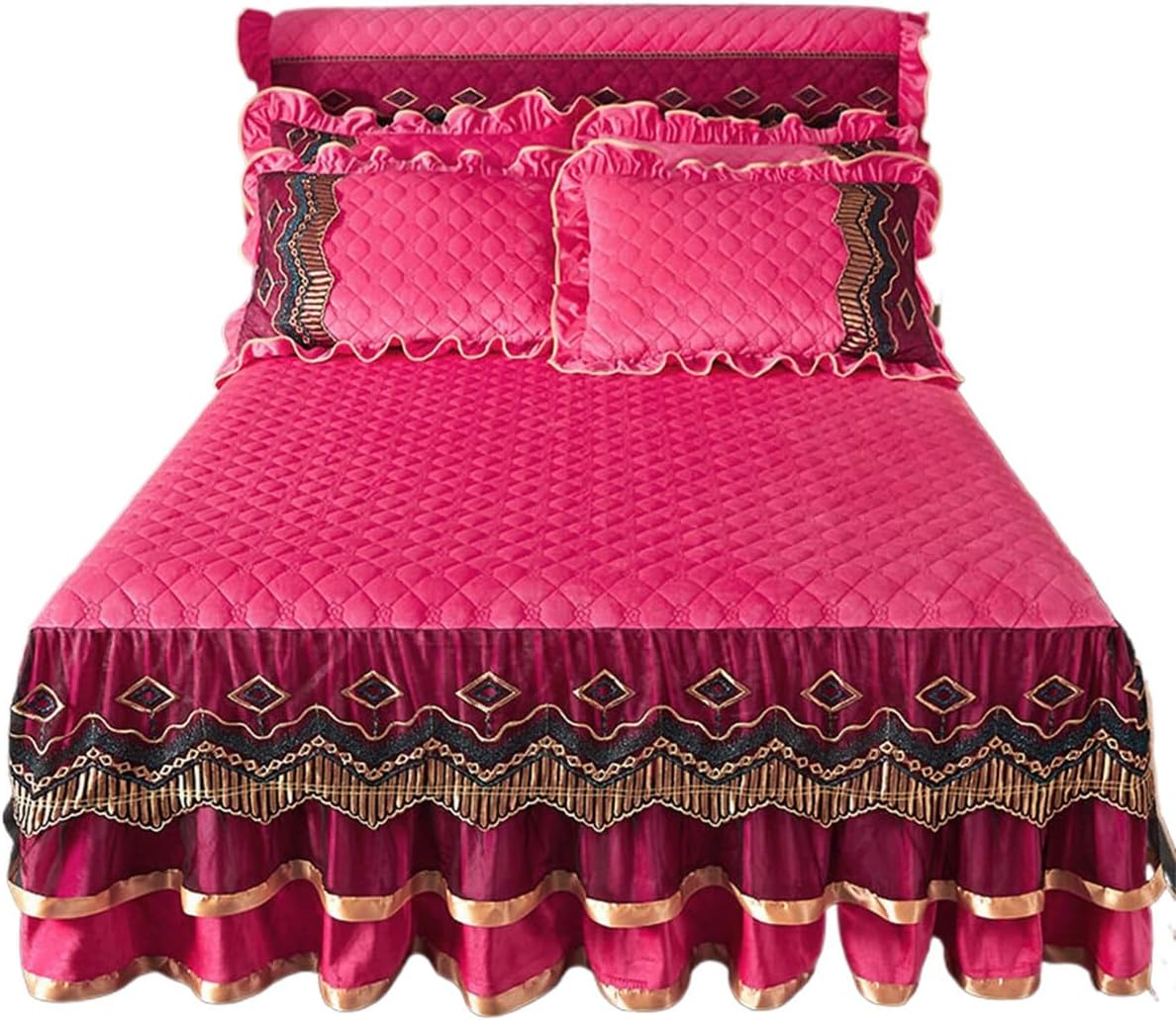 Crystal Velvet Lace Bed Skirt Ruffle Bedspread Queen King Size Quilted Bed Cover 3 Piece Winter Wrap Around Bedskirt Bedding with 2 Pillow Covers(PinkB,Queen-150x200cm)