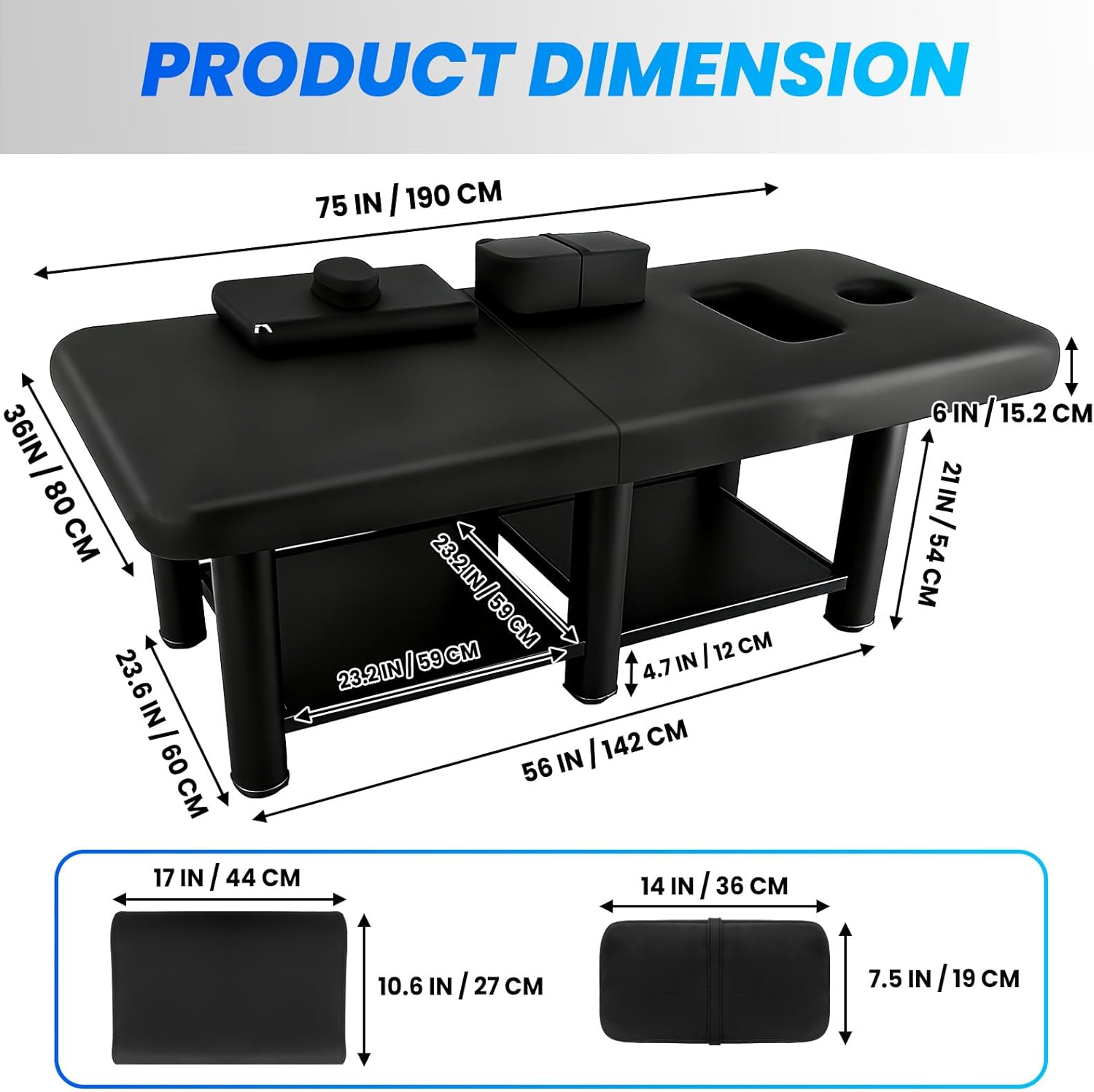 Heavy Duty 2600LBS Stationary Massage Table, 75"×36" Massage Table with Adjustable Backrest, Physical Therapy Table with 2 Storage Shelf, Waterproof PU Leather for Salon Facial Spa Bed