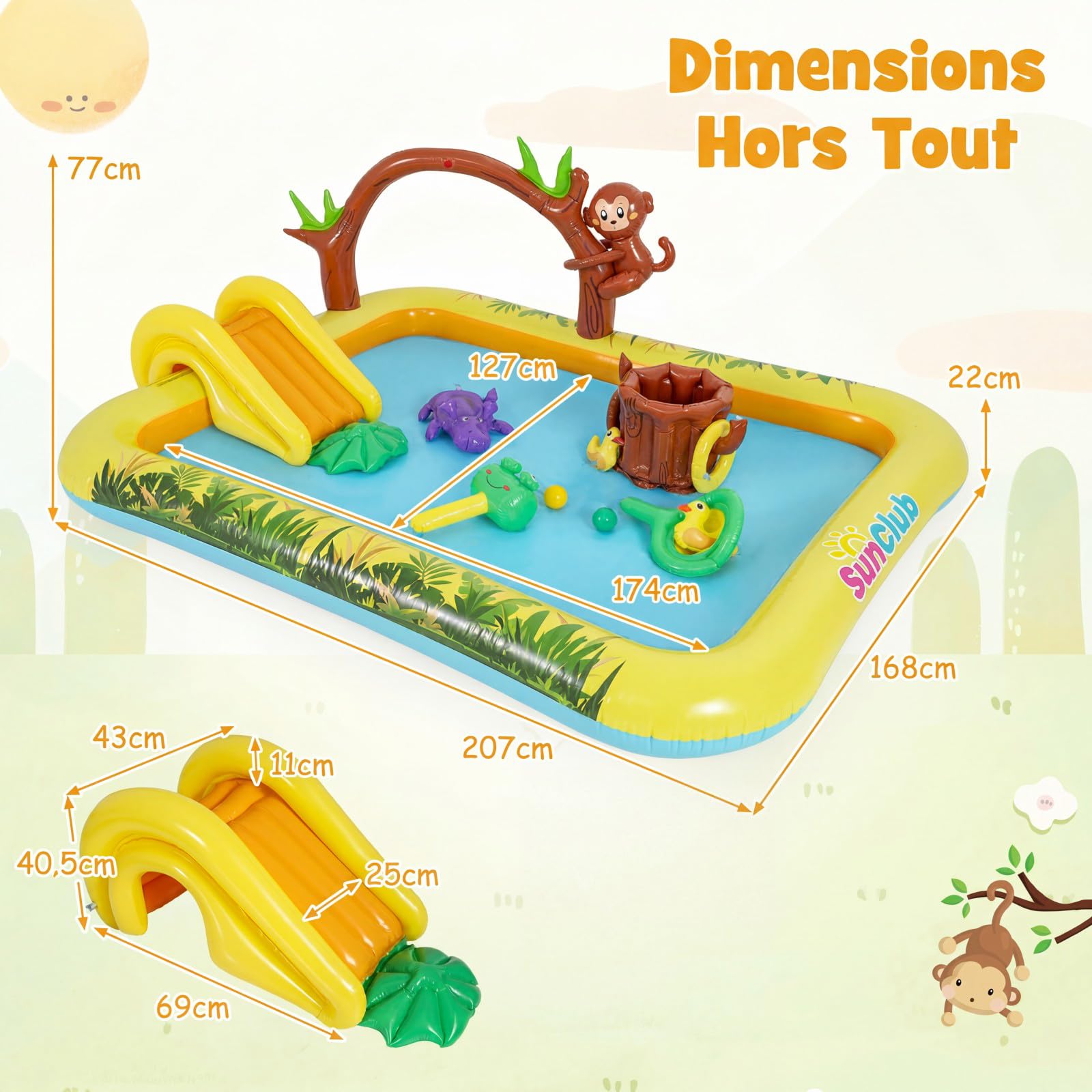 COSTWAY Piscine Gonflable Enfants Jungle avec Toboggan et Arroseur, Aire de Jeu Pataugeoire avec Jeu de Lancer d'Anneaux et Jouet Singe et Hippopotame pour Jardin Balcon Plage, 2-6 Ans, 207x168x77cm