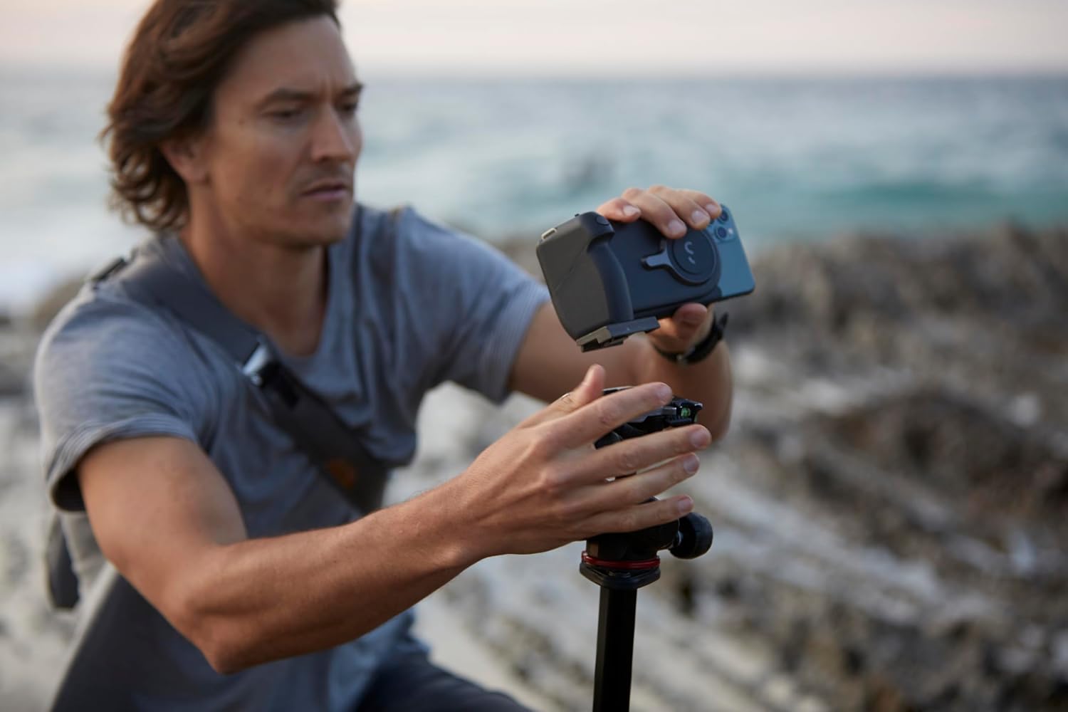 Back of ShiftCam ProGrip with smartphone attached