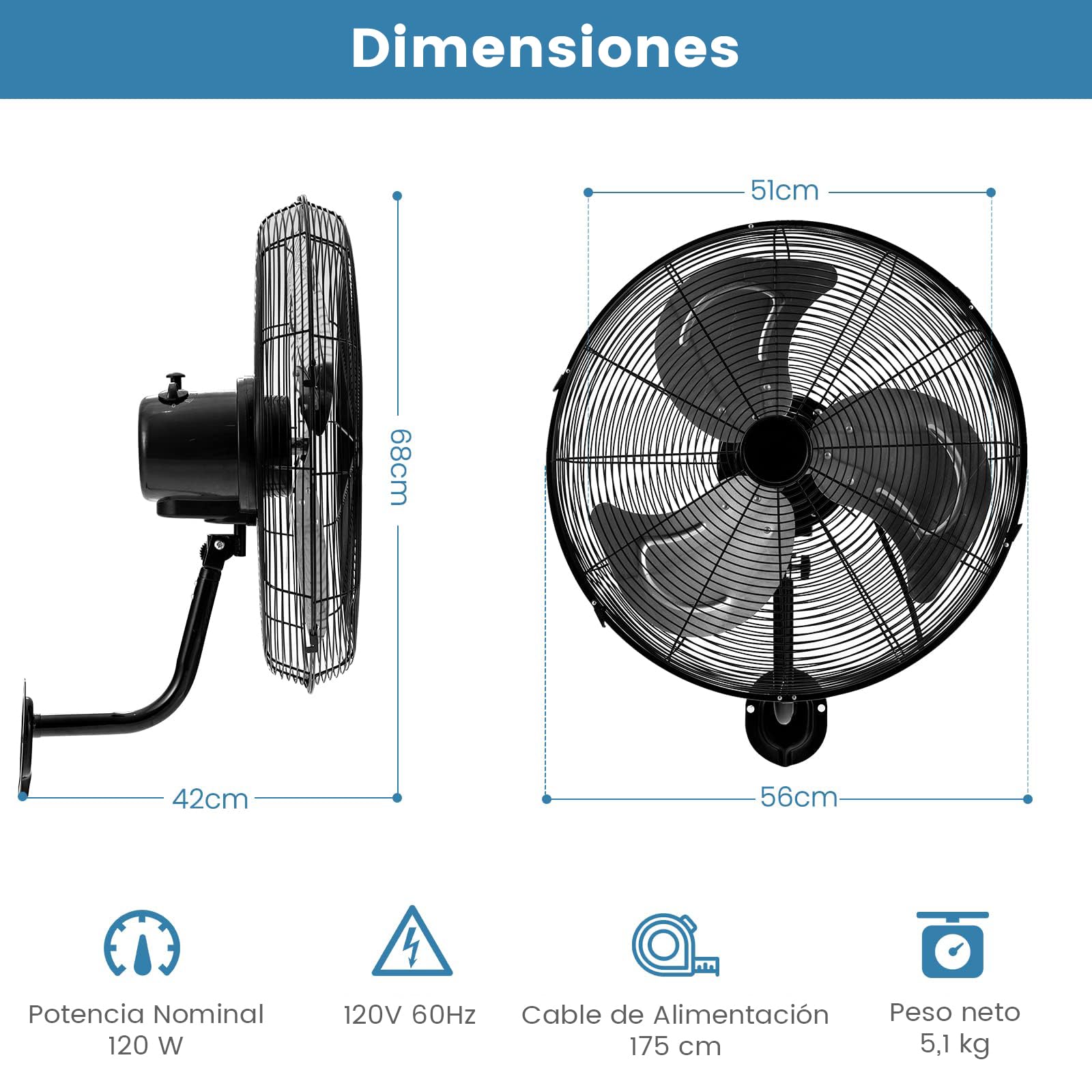 RELAX4LIFE Ventilador de Pared Ø56cm con 3 Velocidades (Negro) | Rotación Horizontal 85° y Vertical 30°, Ventilador Industrial Oscilante 120W con Pala de Aluminio para Almacén/Fábricas